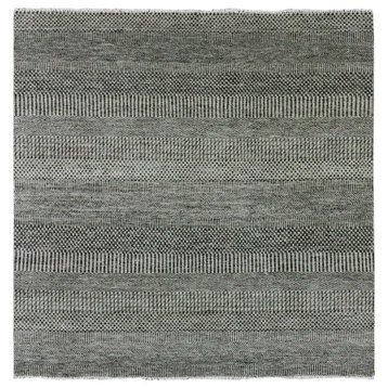 Flannel Gray Undyed 100% Wool Grass Design Hand Knotted Square Rug 6' x 6'