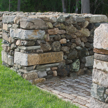 Dry laid stone wall & pillars, granite cobbles