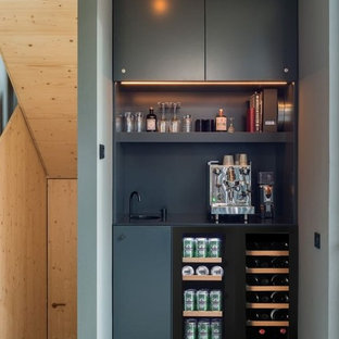 Small modern kitchen pantry pictures - Example of a small minimalist single-wall kitchen pantry design in Singapore with black appliances