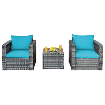 Costway3 PC Patio Rattan Furniture Bistro Set Cushioned Sofa Chair Turquoise