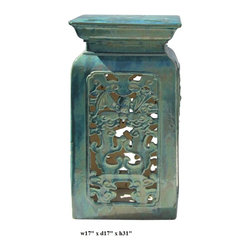 Chinese Ceramic Clay Turquoise Green Square Tall Pedestal Stand - Outdoor Products