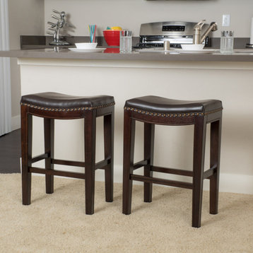 GDF Studio Jaeden Contemporary Studded Backless Stools, Set of 2, Brown Leather Bar Height
