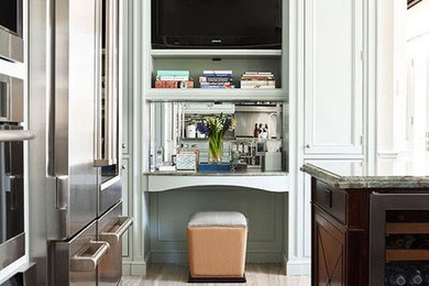 This is an example of a large transitional l-shaped separate kitchen in Orange County with an undermount sink, recessed-panel cabinets, blue cabinets, granite benchtops, multi-coloured splashback, matchstick tile splashback, stainless steel appliances, porcelain floors, multiple islands, brown floor and multi-coloured benchtop.