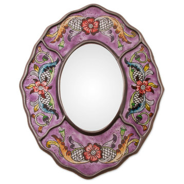 Novica Handmade Purple Colonial Wreath Reverse-Painted Glass Wall Mirror