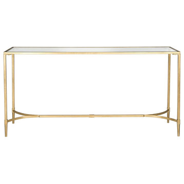 Elegant Console Table, Golden Metal Base With Crossed Accent and Glass Top