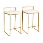 LumiSource Fuji Counter Stool Set of 2, White, Gold Frame