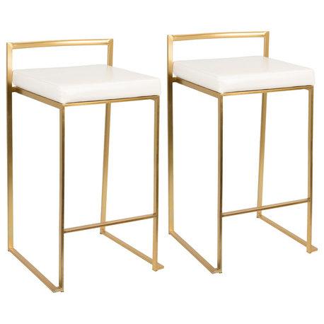 LumiSource Fuji Counter Stool Set of 2, White, Gold Frame