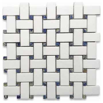 White Thassos Marble 1x2 Basketweave Mosaic Tile Azul Blue Dot Honed, 1 sheet