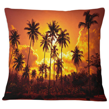 Coconut Palms Against Yellow Sky Landscape Photography Throw Pillow, 18"x18"