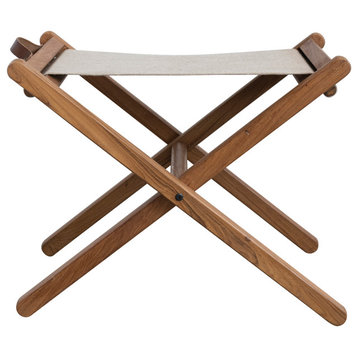 Teak Wood and Linen Folding Stool with Leather Handle, Natural