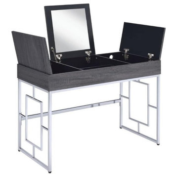 Vanity Table, Chrome Legs and 3 Hinged Top Compartments With Flip Up Mirror, Black Oak