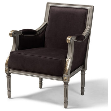 Classic French Inspired Brown Velvet Upholstered Grey Finished Armchair