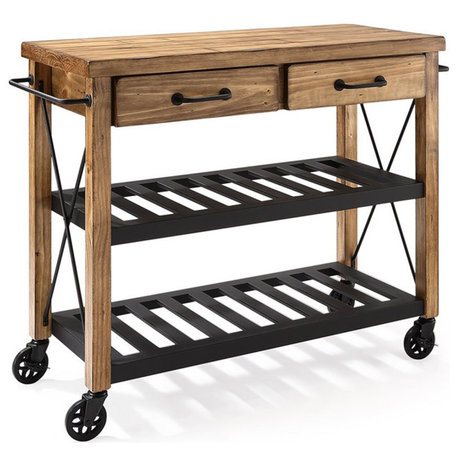 Crosley Furniture Roots Wood 2 Drawer Kitchen Cart in Natural and Black