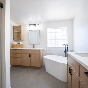 Modern Scandinavian Bathroom: Wood, White & Matte Black