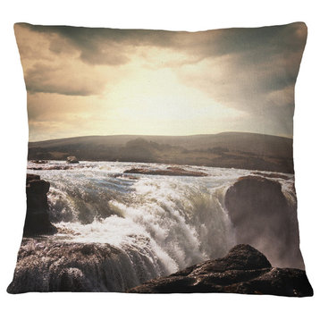 Black and White Iceland Waterfalls Landscape Printed Throw Pillow, 16"x16"