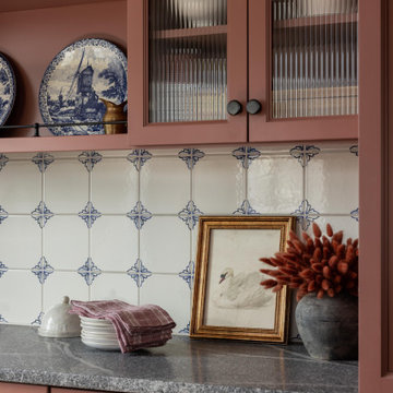 Modern Blue Ceramic Tile Kitchen with Patterned Backsplash