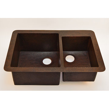 Undemount Kitchen Copper Sink Double Basin, With 2 Matching Solid Copper Drains