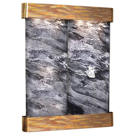 Majestic River Water Fountain, Black Spider Marble, Rustic Copper, Round Edges