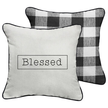 Embroidered Pillow 18, Hx18, Wx6, D, Natural, Blessed Border