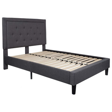 Contemporary Full Bed Frame, Wooden Slats & Button Tufted Headboard, Dark Grey