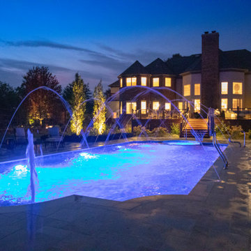 Barrington Hills, IL Scalloped Edge Pool with Round Hot Tub and Sunshelf