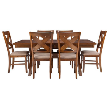 Linon Kraven 7 Piece Wood Dining Set X-Back Padded Seats in Dark Hazelnut Brown