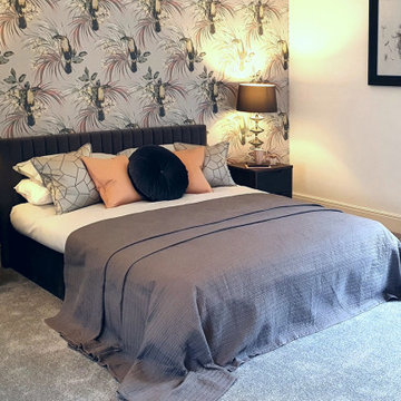 Art Deco inspired grey, pink and mustard master bedroom.