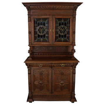 Consigned Cabinet Mechelen Antique Renaissance Oak Wood Stained Glass Lion