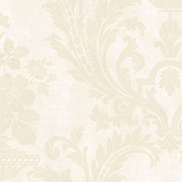 Fabric Texture Damask Wallpaper, Beige and White, Bolt