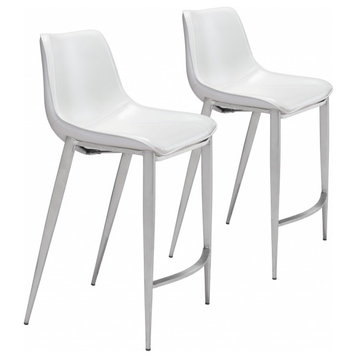 Set of Two White Faux Leather and Steel Modern Stitch Bucket Counter Chairs