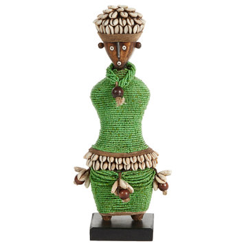 Pine Wood, Cowrie Shells, Green Beads & Kente Cloth African Woman Namji Doll