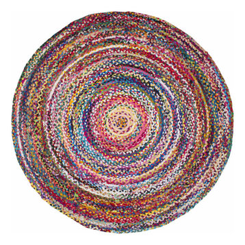 Casual Handmade Braided Cotton Area Rug, Multi, 6'x6' Round