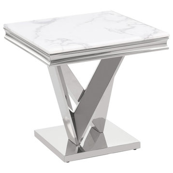 Thiago White Square Stone End Table, Silver