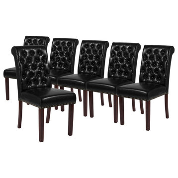 6 Pack Dining Chair, Parson Design & Button Tufted Rolled Back, Black Pu Leather