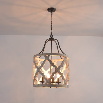 Vintage Distressed White Carved Wood 4-Light Lantern Farmhouse Chandelier in Rus