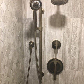 BATHROOM - Gray Limestone Tile - Arabesque Mosaic, 4x12 Herring Bone 8x12 Plank