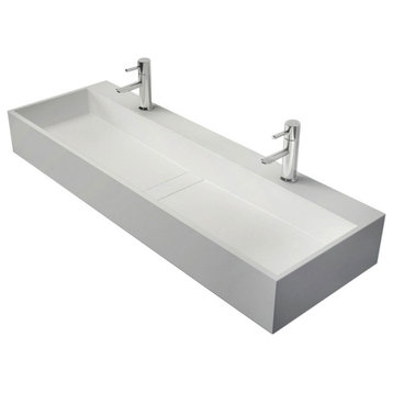 47 Inch Wall-Mount Double Sink Stone Resin Floating Trough Bathroom Sink, Glossy White