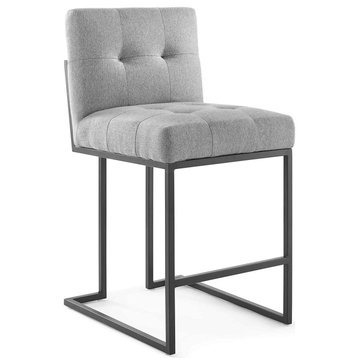Armless Counter Stool, Black Finished Base With Biscuit Tufted Seat, Light Gray