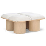 Meridian Furniture - Pavilion Black Boucle Fabric Bench, Cream, Natural Finish, 36" W X 31" D X 17.5" H - Bring valuable seating and remarkable style to your space with this cream Pavilion boucle fabric bench, an exquisite balance of style and usability for the entryway, bedroom, and beyond. Crafted from oak veneer with a natural finish, this bench has a 4-inch-thick seat cushion that's channel-tufted for a touch of luxury. The bench's columnar bases add a dash of art deco design, making it a captivating focal point in any room.