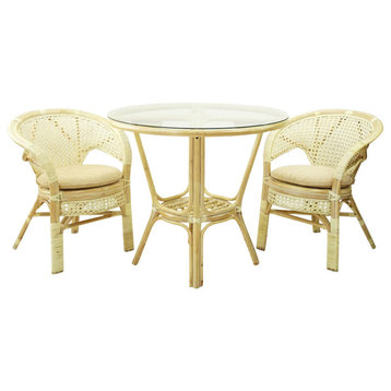 3-Piece Pelangi Dining Rattan Wicker Armchairs and Round Table Glass Top