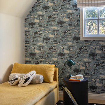 Kids’ Bedroom with Blue Printed Wallpaper, Bunk Beds, and Layered Rugs