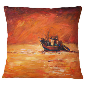 Fishing Boat in Red Hue Seascape Throw Pillow, 18"x18"