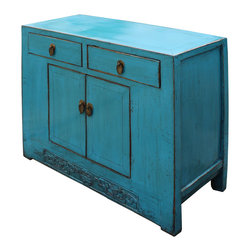 Chinese Distressed Rustic Bright Turquoise Blue Foyer Console Table Cabinet - Accent Chests And Cabinets