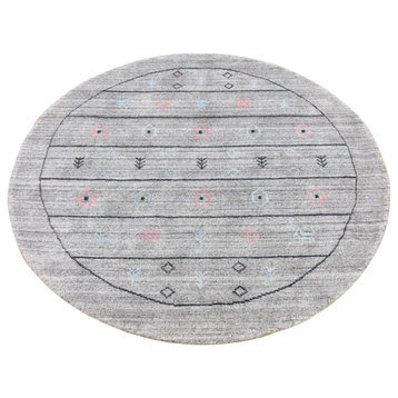 Gray Wool and Silk Hand Loomed Gabbeh Round Oriental Rug, 4'1" x 4'1"