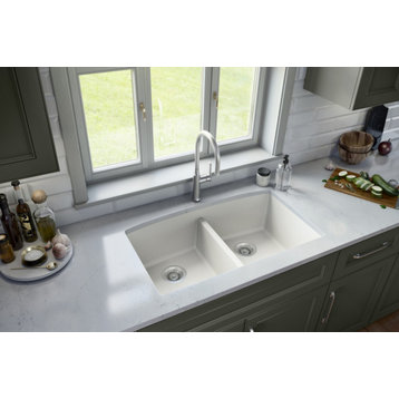 Karran Undermount Quartz 32" 50/50 Double Bowl Kitchen Sink, White