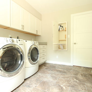 Side by Side Washer and Dryer with White Shaker Cabinets