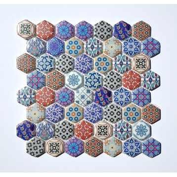 Glass Mosaic Tile Sheet Lucca Hexagon 1.5" Multicolor Pattern