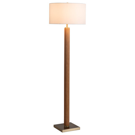 Tambo Floor Lamp - Dark Walnut Wood Finish, Weathered Brass, White linen Shade, Natural Ash Wood Finish, Weathered Brass