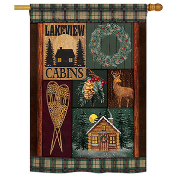 Winter Lakeview Cabins Winter, Seasonal House Flag 28"x40"