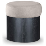 Meridian Furniture - Nimes Upholstered Ottoman, Beige, Velour Fur, Black Finish - Strikingly modern, the Nimes beige velour fur fabric upholstered ottoman combines plush comfort with sleek design. The top is wrapped in luxurious velour fur fabric, offering a soft and inviting texture, while the cylindrical rich black wooden base provides a minimalist contrast. This versatile ottoman is perfect as extra seating, a footrest, or a stylish accent in any living space.